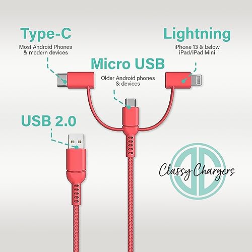 Versatile 3-in-1 Universal Charging Cable – 6 ft Nylon Braided Charger for i Phone, Android & More | Lightning, Type C & Micro USB Compatibility | Fast Charging Solution in Vibrant Tangerine for Ultimate Convenience and Style