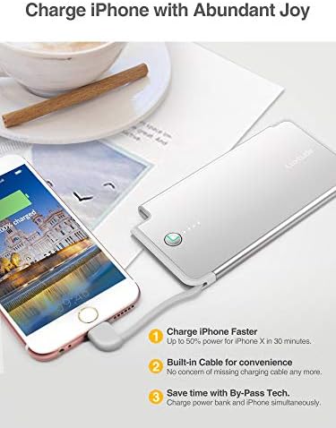 Ultra-Slim Luxtude Portable Charger with Built-in MFi Lightning Cable – 5000 m Ah Power Bank for i Phone 14, 13, 12, 11, 10 | Sleek Metal Black Design for Effortless Charging On-the-Go | Lightweight and Durable Phone Battery Pack for Everyday Use