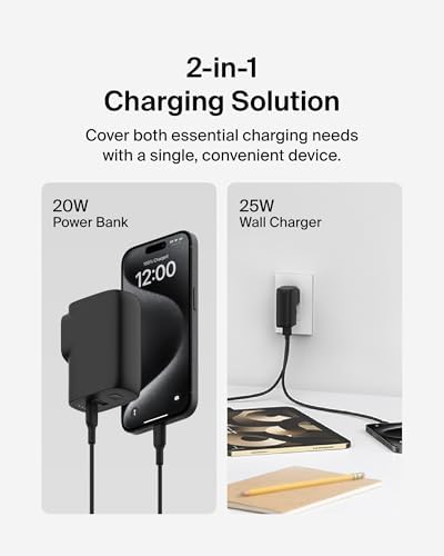 Belkin 2-in-1 Hybrid Power Bank 5,000 m Ah & 25 W Wall Charger – Versatile Dual-Port Fast Charging Solution with USB-C & USB-A for Effortless Travel – Sleek Black Design for Optimal Device Compatibility and Convenience