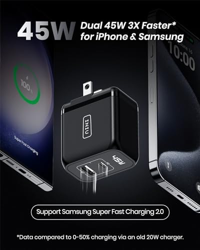 INIU 45 W USB C Fast Charger – Compact Dual Wall Adapter with Samsung Super Fast Charging 2.0, PD Technology for Rapid Power Delivery to i Phone 16/15 Pro, Samsung S23/S22 Ultra, Mac Book Air & More – Travel-Friendly Design with Foldable Prongs for Enhanced Portability and Safety