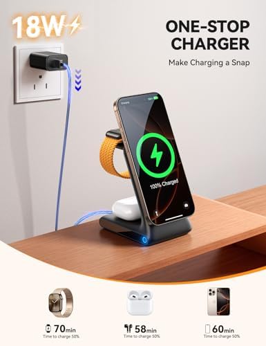Revolutionize Your Charging Routine with JOYROOM 3-in-1 Wireless Charging Station – Fast 15 W Power Hub for i Phone 16, 15, 14, 13, Apple Watch, and Air Pods – Mag Safe Compatible with Sleek Design for Organized Tech Space and Enhanced Device Protection