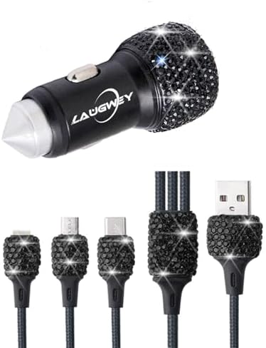 Chic Rhinestone Dual USB Car Charger & 3-in-1 Braided Charging Cable Set – Stylish Bling Accessories for Fast Charging & Enhanced Compatibility – Perfect for Women’s Vehicles in Silver