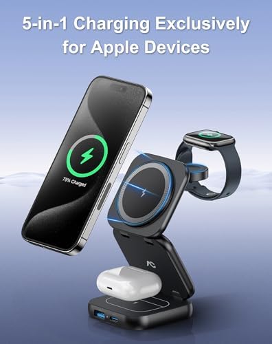 Revolutionize Your Charging Experience with AC Island 5-in-1 Portable Travel Wireless Charger – Fast 15 W Magnetic Stand for i Phone 16/15/14/13, Apple Watch & Air Pods, Includes 35 W Adapter, Ideal for On-the-Go Lifestyle and Enhanced Compatibility