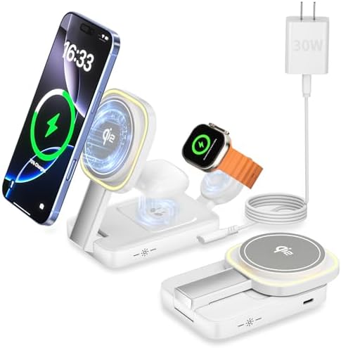 Revolutionize Your Charging Routine with the 3-in-1 Magnetic Wireless Charger Station for Apple Devices – Foldable Design, Integrated Night Lamp, and Mag Safe Compatibility for i Phone 16/16 Pro/16 Pro Max/15/14/13/12, Air Pods, and Apple Watch (Sleek Black Finish) – Ultimate Convenience and Enhanced Speed for Modern Users