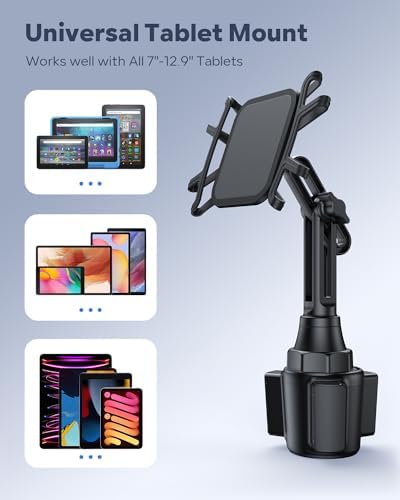 Revolutionize Your In-Car Entertainment: Adjustable Cup Holder Tablet Mount for i Pad & Tablets 7-12.9″, 360° Rotatable Arm, Silicone Grip for Secure Holding – The Ultimate Travel Companion for Streaming & Navigation
