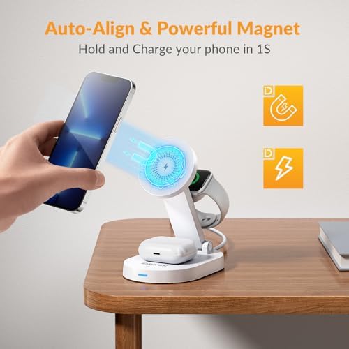 i Dsonix 3-in-1 Magnetic Wireless Charging Station for i Phone, Air Pods & Apple Watch – 18 W Fast Charger with Adjustable Stand and Status Light – Sleek White Design for i Phone 12-16 Series, Enhance Your Charging Experience with Ultimate Convenience and Style