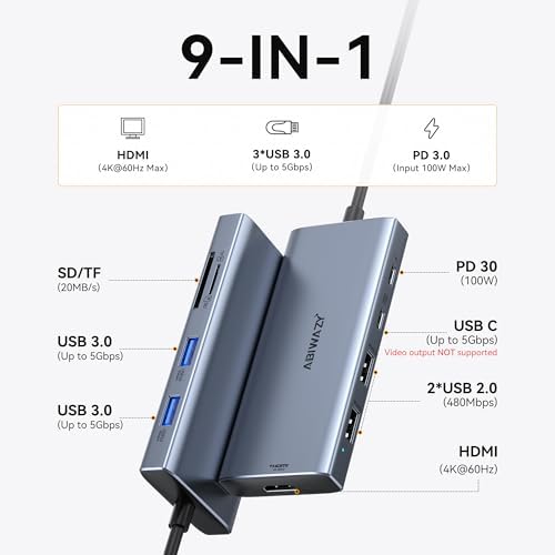 Transform Your Workspace with the Ultimate 9-in-1 USB C Hub Multiport Adapter for Mac Book Pro & Air – High-Speed 4 K HDMI Output, 100 W Power Delivery, and Effortless Connectivity for i Pad Pro, i Mac, and More – Enhance Productivity with 5 USB Ports and SD/TF Card Reader for Seamless Data Transfer and File Access