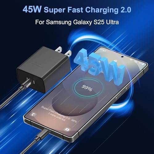 Looptimo 45 W Ga N Super Fast USB-C Charger for Samsung Galaxy S25 Series – Dual 6.6 FT Cables Included for Ultimate Convenience and Compatibility – High-Efficiency Type-C Adapter for Rapid Charging on All Devices – Compact, Durable Design for Travel and Home Use – Enhanced Safety Features for Worry-Free Power Delivery