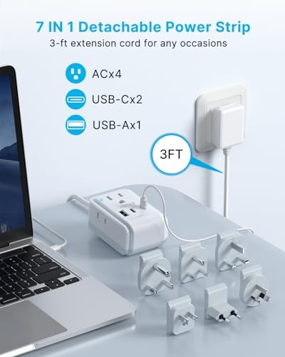VINTAR All-in-One Global Travel Adapter: Ultimate Universal Power Converter with 4 AC Outlets & 3 High-Speed USB Ports (2 USB-C) – Enhanced Worldwide Compatibility for Europe, UK, Australia, Japan, and Africa – Must-Have Travel Accessory with Interchangeable Plug Attachments for Effortless Device Charging