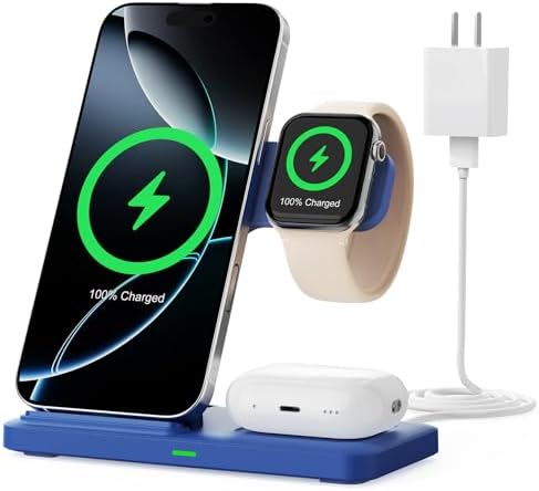 3-in-1 Wireless Charging Station for Apple Devices – 15 W Fast Charger Stand for i Phone 16/15/14/13/12/11, Apple Watch, and Air Pods – Convenient Portable Design with Enhanced Compatibility and Safety Features for Home and Travel – Perfect Gift for Tech Enthusiasts