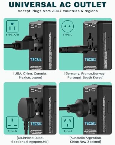 TECSIX 220 V to 110 V Travel Voltage Converter: Universal Power Adapter with Dual USB-C & USB-A Fast Charging Ports for International Adventures in Europe, UK, US, Australia & Asia – Compact, Durable & Multi-Device Compatible