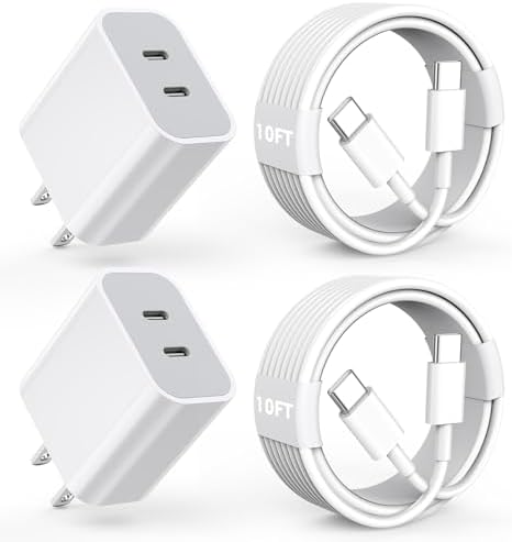 Apple MFi Certified Fast Charging Duo: 2-Pack PD Dual USB-C Charger Block with 10 FT Type-C to Lightning Cable for i Phone 14/13/12/11/XS/XR/SE & i Pad – Efficient Simultaneous Device Charging Solution