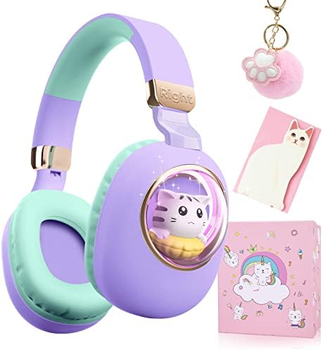 Vibrant Purple Cat-Themed Bluetooth Headphones for Kids – Fun Over-Ear Design with LED Lights and Built-In Microphone – Perfect for School, Tablets, and Endless Playtime – Ideal Birthday Gift for Girls and Toddlers