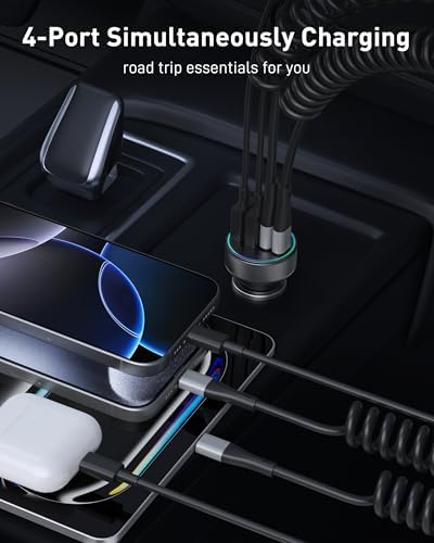 90 W 4-Port USB C Car Charger with 6 FT Coiled Cable – Super Fast Charging for i Phone 16/16 e/15 Pro Max/Plus, Samsung Galaxy S25/S24, Pixel & Android Devices – Ultimate Travel Companion for Multiple Devices with Enhanced Compatibility and High-Performance Output