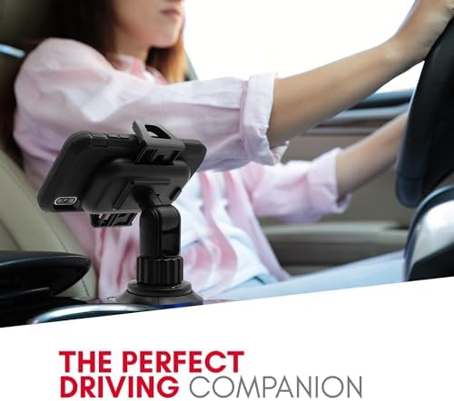 Universal Smartphone Cup Holder Mount by Macally – Adjustable Car Phone Holder for i Phone, Samsung & All Smartphones – Secure, Flexible, and 360-Degree Rotatable Design for Safe Driving and Easy Access