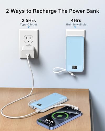Revolutionize Your Charging Experience with ANOUV 10,000 m Ah Portable Power Bank – Built-in Cables & AC Plug for Fast, On-the-Go USB-C Charging, Compatible with i Phones and All Smart Devices – LED Display for Real-Time Battery Monitoring – The Ultimate Travel Essential for Efficiency and Convenience