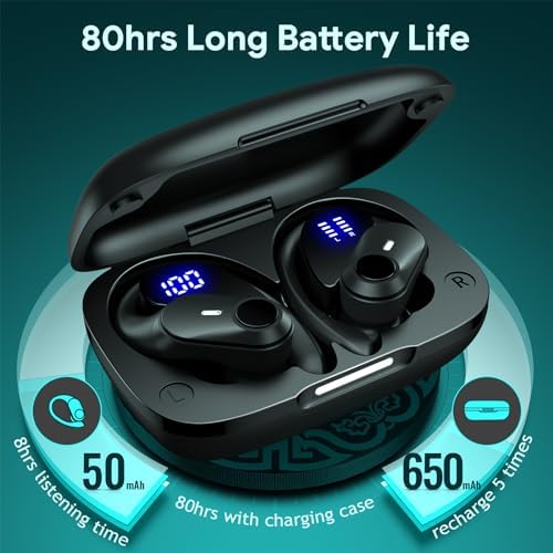 GOLREX Active Noise Cancelling Bluetooth Earbuds – 80-Hour Playtime with Wireless Charging Case, Over-Ear Hooks for Secure Fit, LED Battery Indicator, Premium Sound Quality for Fitness Enthusiasts – Ideal for Gym, Running, and Intense Workouts
