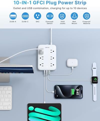 VINTAR 2 Prong Power Strip with Surge Protection – 6 ft Extension Cord Featuring 6 Outlets & 4 USB Ports (2 USB-C) for Enhanced Charging and Device Compatibility, Non-Grounded Wall Mount Adapter for Streamlined Power Management in Home and Office Settings