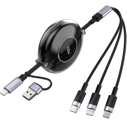 3-in-1 Retractable Multi Charging Cable, 100W Fast Charging USB-C/A to Lightning/USB-C/Micro USB Phone Charger Cord for iPhone 16/15, Samsung, MacBook, iPad （White） – Enhanced Compatibility and Speed