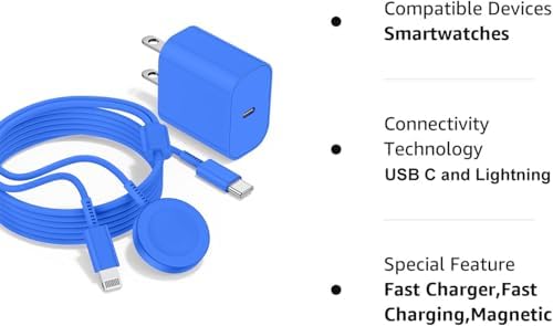 Revolutionary 2-in-1 USB C Charger for i Phone and Apple Watch – 6 ft Magnetic Fast Charge Cable with 20 W Power Adapter – Stylish Blue Design for Optimal Portability and Efficiency