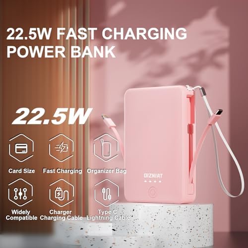Premium 10000 m Ah Slim Portable Power Bank with Dual Built-In Cables – Fast 22.5 W Quick Charge for i Phone 11-16 & Android Devices – Ultra-Lightweight Travel Companion with 4 Outputs – Complete Charging Solution Including Wall Charger & Organizer – Versatile Compatibility for All Your Gadgets