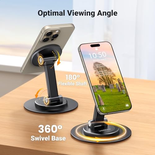 UGREEN Magnetic Phone Stand for MagSafe, Height Adjustable iPhone Stand for Desk with 360° Rotation Compatible for iPhone 16 15 Pro Max 14 Pro 13 12 and MagSafe Case, Black – Enhanced Compatibility and Speed