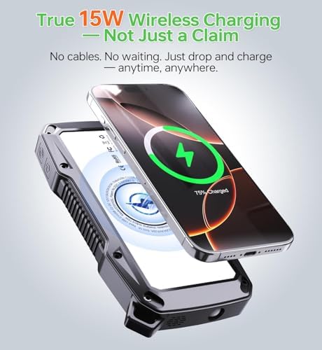 ABFOCE 10000 m Ah Solar Power Bank – 22.5 W Fast Charger with Wireless Charging, Sensor Alarm & LED Flashlight – Ultimate Outdoor Charging Solution for i Phone, Samsung, and More – Eco-Friendly Solar Panel Power Bank for Camping & Hiking Adventures