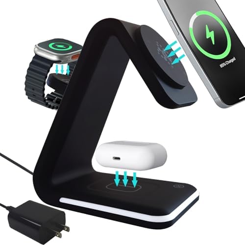 Ultimate 3-in-1 Magnetic Wireless Charging Station with Nightlight – Fast 15 W Apple Mag Safe Charger for i Phone 12/13/14/15/16, i Watch Series, and Air Pods – Sleek Design for Enhanced Compatibility and Efficient Power-Up
