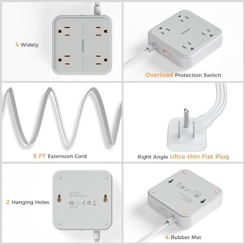 TESSAN 5 FT Flat Extension Cord Surge Protector – 4 Outlet Power Strip with 3 USB C Ports (1 USB C) for Fast Charging, 900 Joules Electronics Protection, Space-Saving Design for Home, Office, and Dorm Use, Enhanced Compatibility and Efficiency