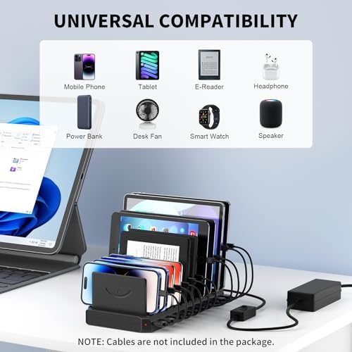 High-Performance 10-Port USB Charging Station Hub with Adjustable Dividers – Fast Charge Multiple Devices Simultaneously for Hotels, Schools, and Travel – Enhanced 60 W Power Output and Universal Compatibility for All Your Devices