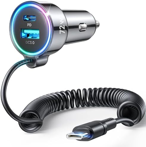 High-Speed USB C 72 W Car Charger for i Phone 16 Pro Max Plus & Multi-Device Compatibility – Rapid PD & QC3.0 Charging with 5 ft 36 W Type C Coiled Cable for Samsung Galaxy S24/S23/S22, Pixel, Moto, LG, and More – Ultimate Travel Accessory for Uninterrupted Power on the Go
