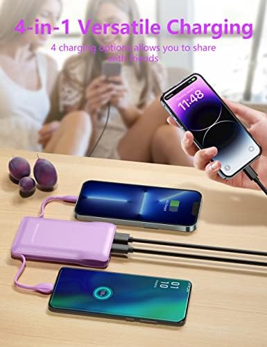 Ultra-Slim 10000 m Ah Portable Charger with Integrated Dual Cables – Fast Charging Power Bank for Android & i OS Devices – Compact Travel Essential with USB-C In/Out for Ultimate Convenience and Enhanced Compatibility