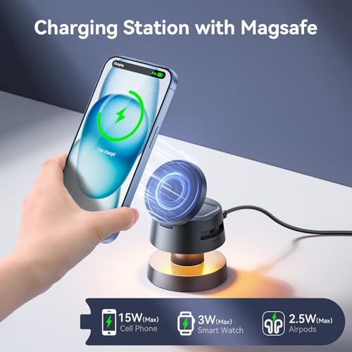 Effortless Charging Revolution: 4-in-1 Mag-safe Wireless Charger with 15 W Fast Charging for i Phone 16/16 Plus/16 Pro Max/15/14/13/SE, Apple Watch Ultra, and Air Pods Pro 2 – Sleek Design with Integrated Night Lamp for Streamlined Device Management