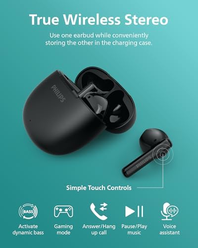 PHILIPS TAT1139 True Wireless Earbuds – Immersive 13 mm Drivers for Deep Bass, AI-Enhanced Call Clarity, 26-Hour Long Battery Life with Quick Charge, Advanced Bluetooth 5.4 for Effortless Pairing, IPX4 Water-Resistant Design for Active Lifestyles, Ergonomic Comfort Fit in Sleek Black Finish