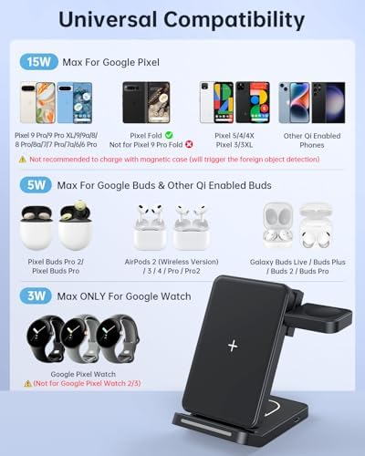 Revolutionary 3-in-1 Foldable Wireless Charger for Google Pixel Devices – Fast Charging Stand for Pixel Watch 3/2, Pixel 9 Pro/XL/9 a/8 Pro/8 a/7 Pro/7 a/6 Pro & Pixel Buds Pro 2 – Compact, Portable Design with Adapter Included – Sleek White Finish for Home or Travel – Ultimate Solution for Efficient Multi-Device Charging