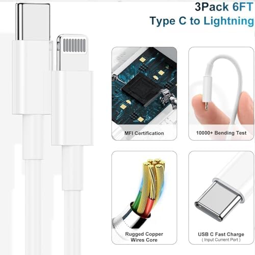 Ultra-Fast 20 W USB-C Charger with 6-Foot Lightning Cable – Convenient 3-Pack for i Phone 14/13 Pro, Ideal for Home and Travel – Superior Durability and Extended Reach for Effortless Charging Anytime