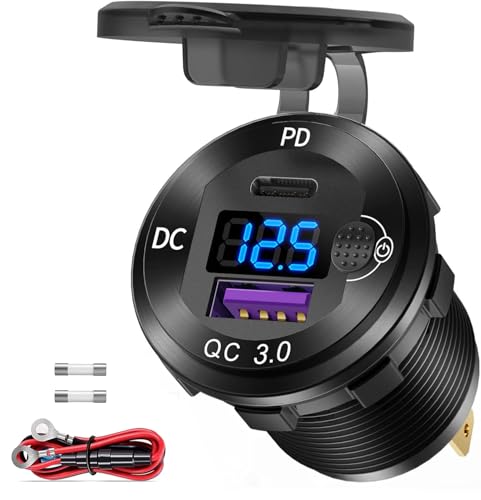 High-Performance Aluminum Alloy USB C Car Charger Socket – Dual Port Waterproof Power Adapter with PD 36 W & Quick Charge 3.0, Built-in Voltmeter & Switch for Trucks, Boats, Motorcycles, RVs, and Golf Carts – Ultimate Charging Solution for Adventure Seekers