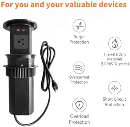 ZESHAN Sleek Pop-Up Power Outlet with 15 W Wireless Charging Station – Dual US Outlets, USB A & USB C PD Fast Charging Ports for Effortless Connectivity at Home or Office – Ideal for Conference Tables and Kitchen Counters, Modern Black Finish