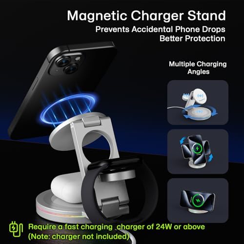 Revolutionary 3-in-1 Wireless Charger Hub for i Phone, Apple Watch & Air Pods – 10 W Fast Charging, 360-Degree Rotating Zinc Alloy Design, Foldable & Magnetic for Ultimate Convenience and Compatibility with i Phone 12-16 Series