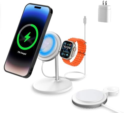 Mag Safe 2-in-1 Wireless Charging Station for i Phone and Apple Watch – Portable 15 W Fast Charger with Detachable Design, Foldable Travel Pad for i Phone 12-16 Series – Sleek Black Finish for Enhanced Compatibility and Efficient Power Boosts