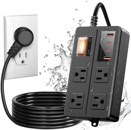 Weatherproof Outdoor Power Strip with 4 Wide Outlets and 3 USB Charging Ports – 10 FT Heavy-Duty Extension Cord with 1875 W Surge Protection for Safe Outdoor Use – ETL Listed Black Surge Protector for Holiday Decor and Equipment Powering