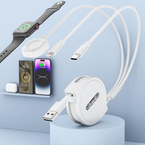2024 Premium 3-in-1 Retractable Charger for Car – Fast 3 A USB Charging for Apple Watch, i Phone & i Pad – Streamlined White Design for Effortless Portability – Ideal for Travelers & Daily Commuters