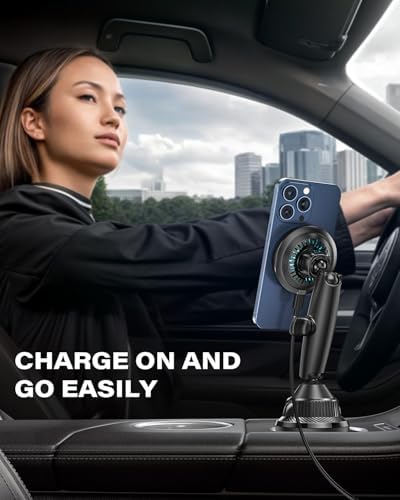 Tri-Pivot Magnetic Wireless Cup Holder Charger for i Phone 12-16 Series – Fast Charging with Cooling Fan, Adjustable Car Mount for Secure Device Support – Includes Car Adapter for Seamless Compatibility