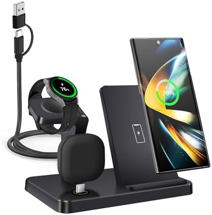 3-in-1 Fast Wireless Charging Station for Samsung Devices – Ultra-Compatible Dock for Galaxy S25/S24/S23/Z Fold/Flip, Galaxy Watch Ultra/7/6/5, and Galaxy Buds – Sleek Design with Case-Friendly Charging and Advanced Safety Features – Ideal for Home, Office, and Multi-User Environments – (Black)