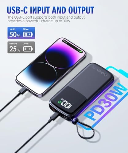 Ultimate 15,000 m Ah Portable Power Bank with Integrated AC Plug and Dual Output Cables – PD 30 W Fast Charging for i Phone, i Pad, and All Devices – Lightweight, Compact Design with LED Battery Indicator for On-the-Go Charging Solutions