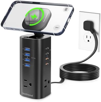 Ten Trend Surge Protector Tower: 160 W Fast Charging Hub with 3 AC Outlets & 8 USB Ports (4 USB-C) – 5 FT Flat Plug Extension for Home Office Efficiency and Device Safety