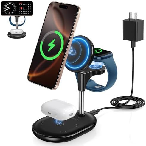 All-in-One Wireless Charging Station for Apple Devices – 15 W Fast Qi-Certified Mag-Safe Charger for i Phone 16, 15, 14, 13, 12, Apple Watch & Air Pods – Adjustable Viewing Angle, Ideal Gift for Women – Enhance Your Charging Efficiency and Style