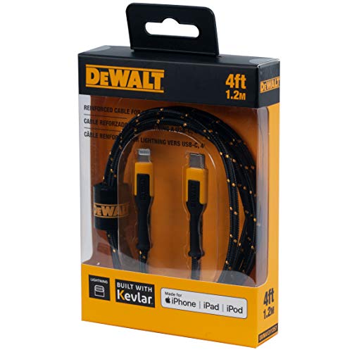 DEWALT MFi Certified Lightning to USB C Charging Cable – 4 FT Reinforced Braided Cord for Apple Devices – Fast Charge & Data Transfer – Durable, Tangle-Free Design for i Phone & i Pad Compatibility