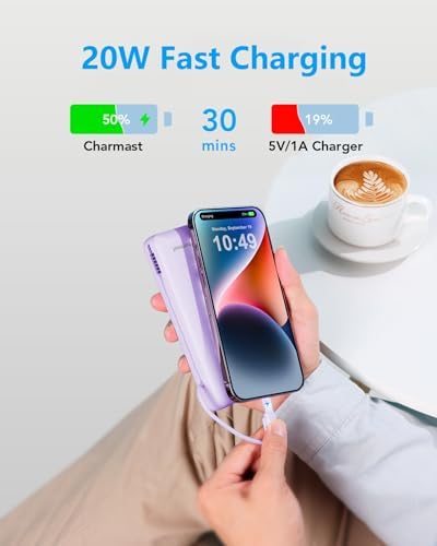 Charmast Ultra-Fast 20000 m Ah Portable Charger with Integrated Cables and Wall Plug – Universal Compatibility for i Phone 16/15/14/13, Samsung, Google, i Pad – Sleek Design, Rapid 20 W USB-C Power Delivery for On-the-Go Charging Solutions