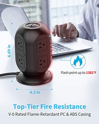 Ultimate Surge Protector Power Strip Tower: 8 AC Outlets, 4 USB Ports (Including 1 USB-C), 10 ft Flat Extension Cord – Versatile Charging Station for Home, Office or Dorm Use – Space-Saving Design with Advanced Surge Protection and Fast Charging Capabilities